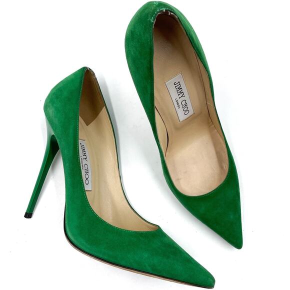 Jimmy Choo Anouk Suede Pumps Green Stiletto Heels Pointed Toe Sz 39 / 9 - Picture 1 of 9